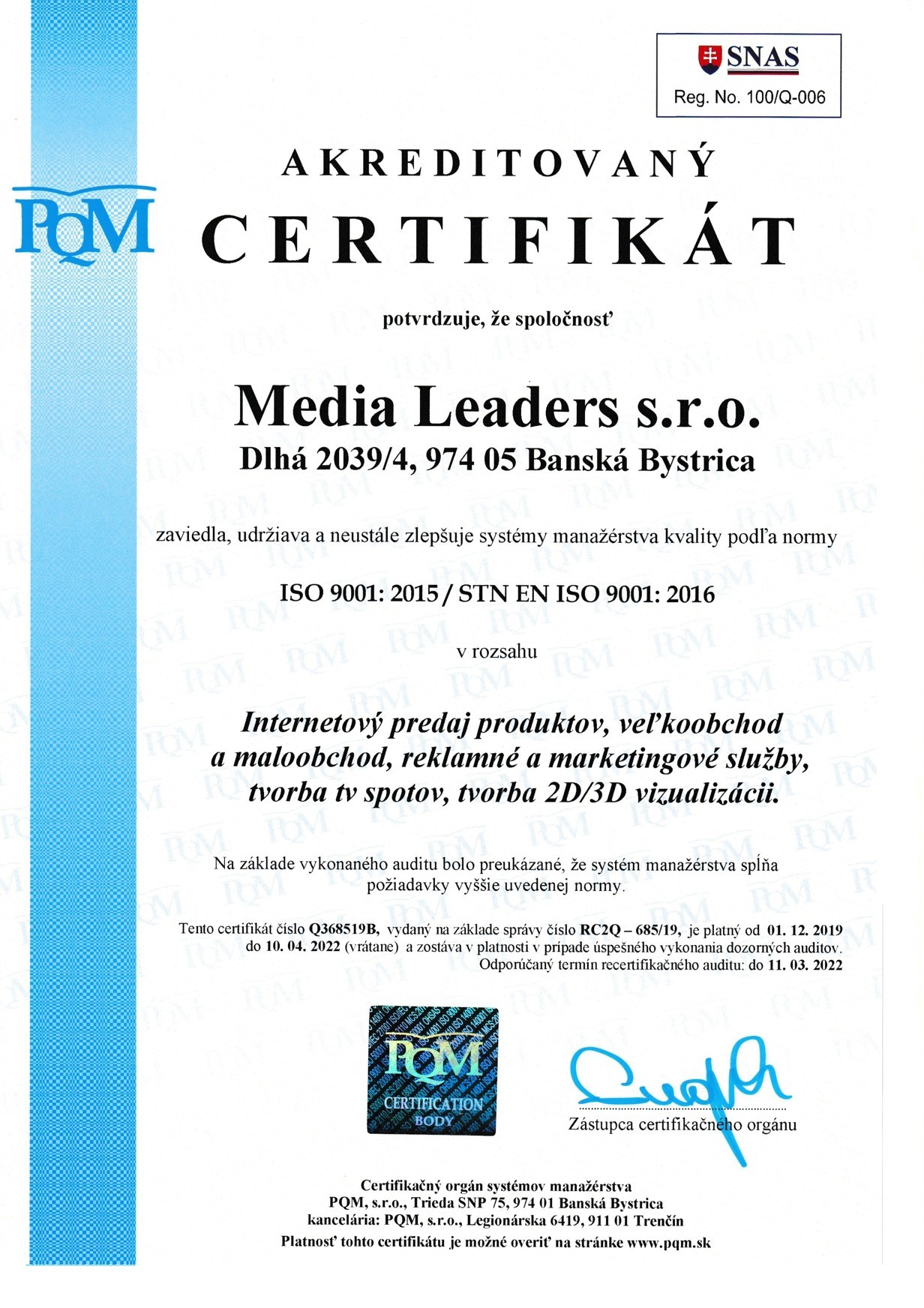 ISO 9001 сертификат media leaders sro