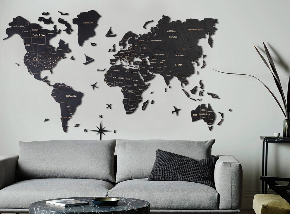 дървена стена карта на света цвят черен