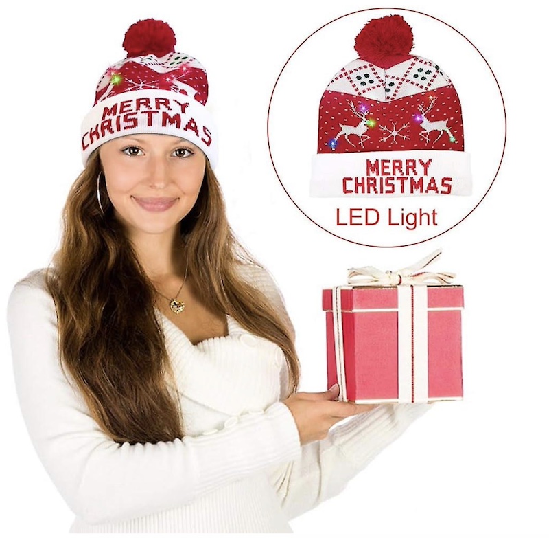 Зимна шапка с помпон светеща Коледа с LED крушки - ЧЕСТИТА КОЛЕДА