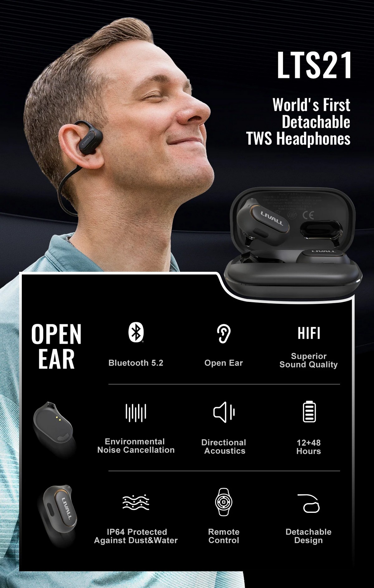 Спортни безжични слушалки с bluetooth - свалящ се дизайн с отворено ухо