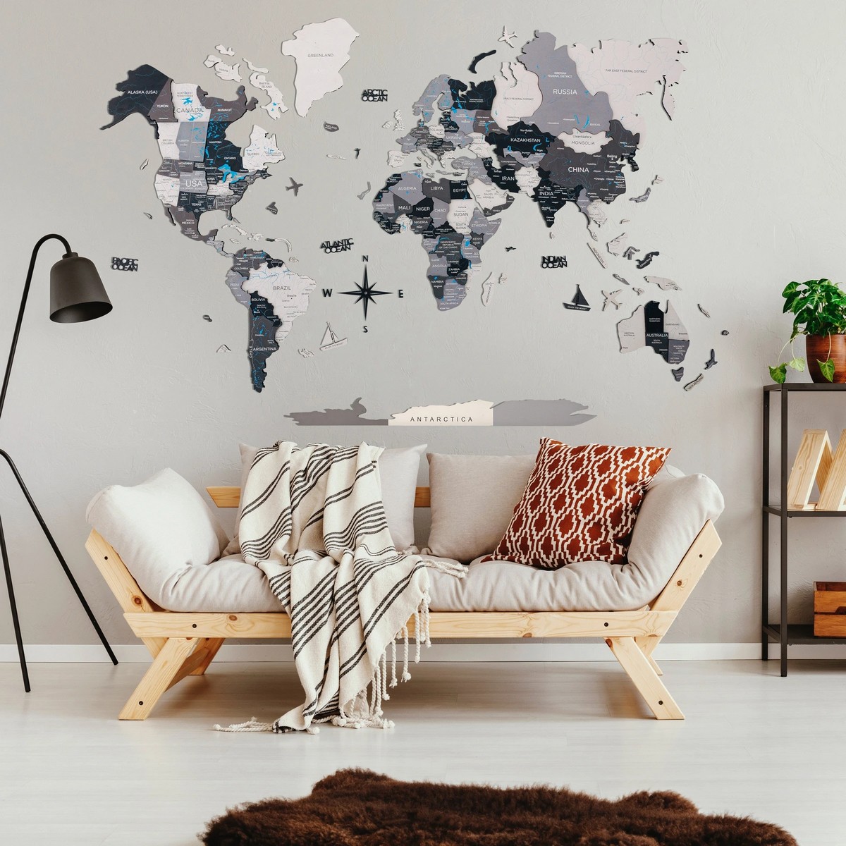 стенна карта на света от дърво