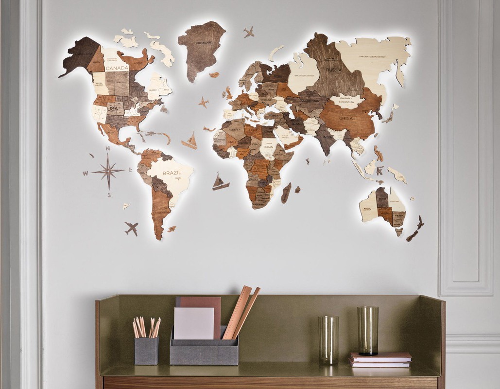 3D картина върху карти на света на стените