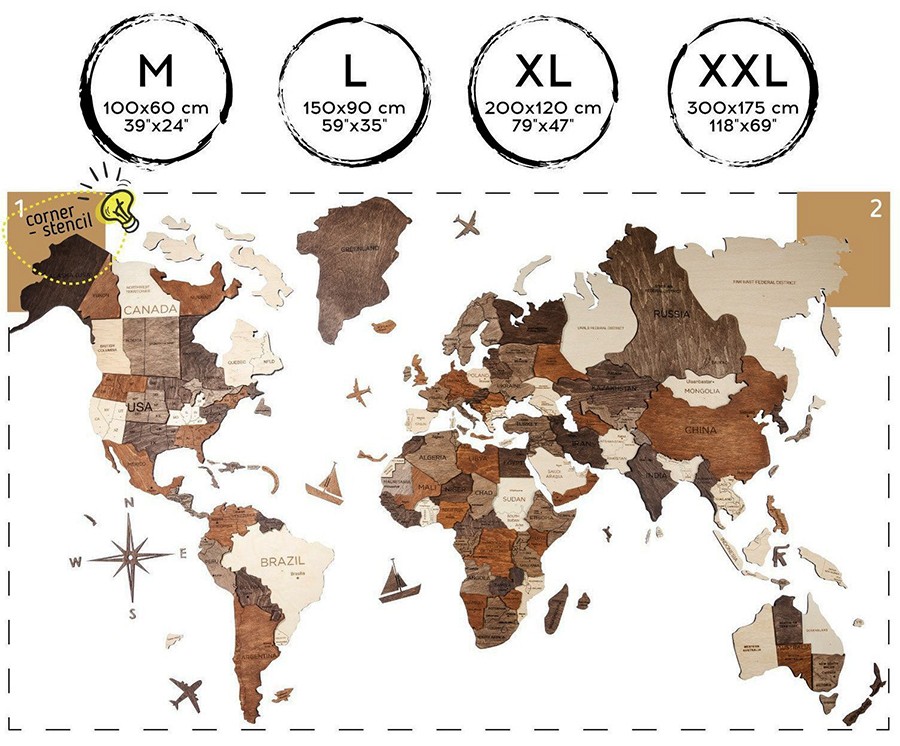 3D дървена картина с размер на картата XXL на света