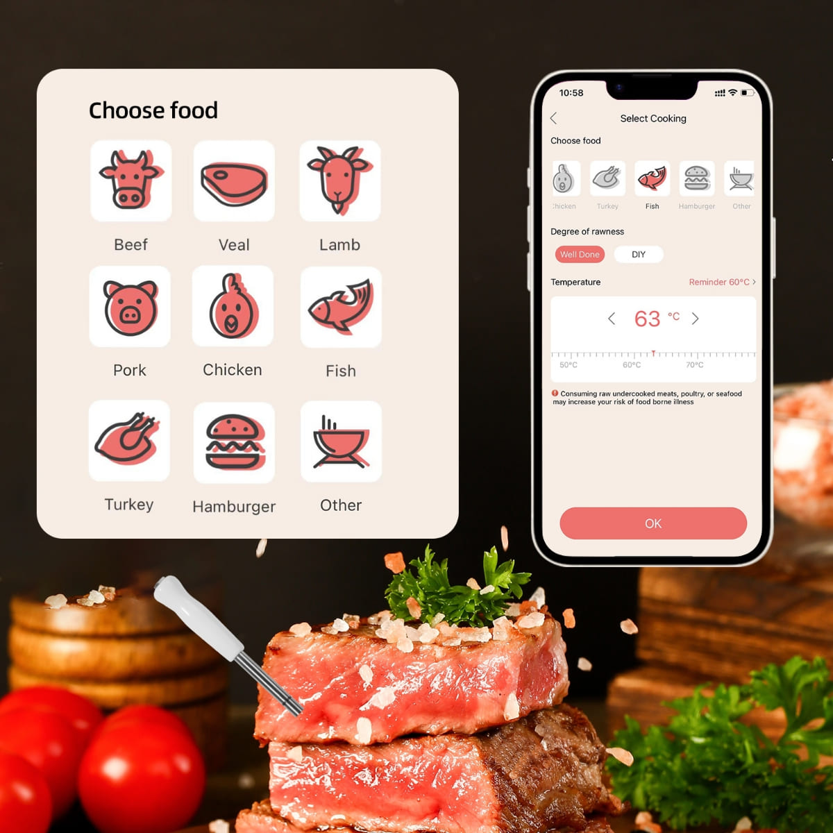 Термометър за печене на месо - bluetooth поддръжка до 100м (мобилно приложение)