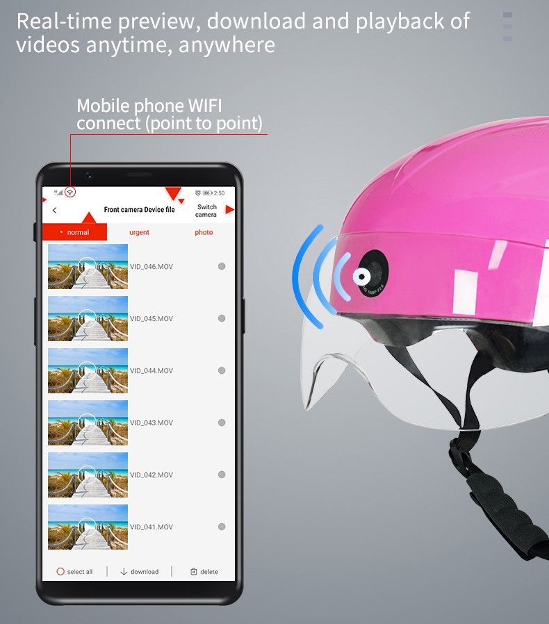 камера за каска за мотоциклет wifi връзка чрез смартфон с приложение