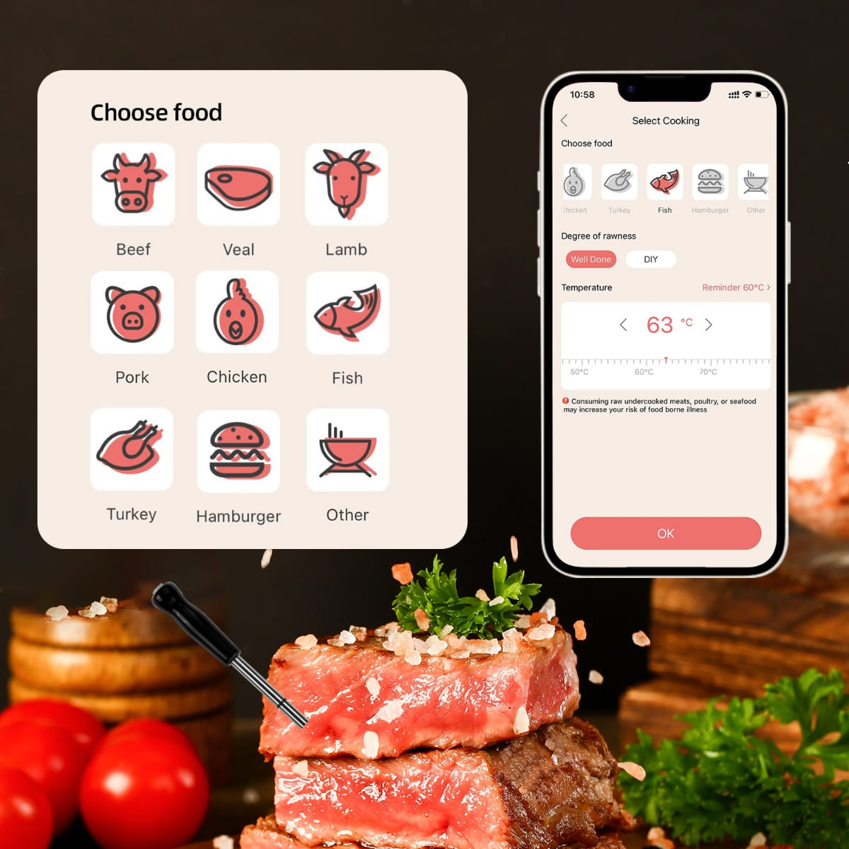 Безжичен термометър за месо - приложение за мобилен телефон