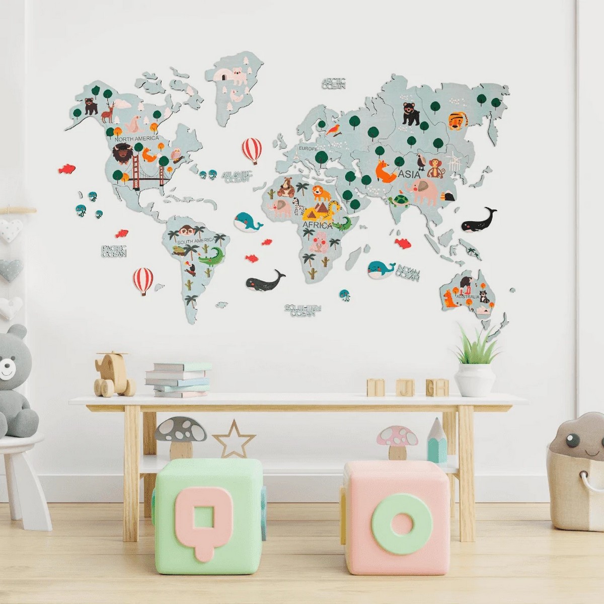 детска дървена 2d карта на света на стена