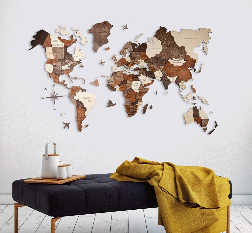 3D картини на стената дървена карта на света