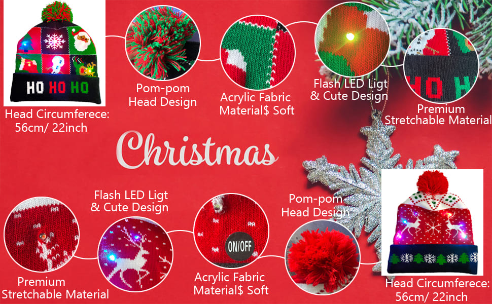 Шапки за Коледа, шапки за зимата, различни дизайни светят с LED